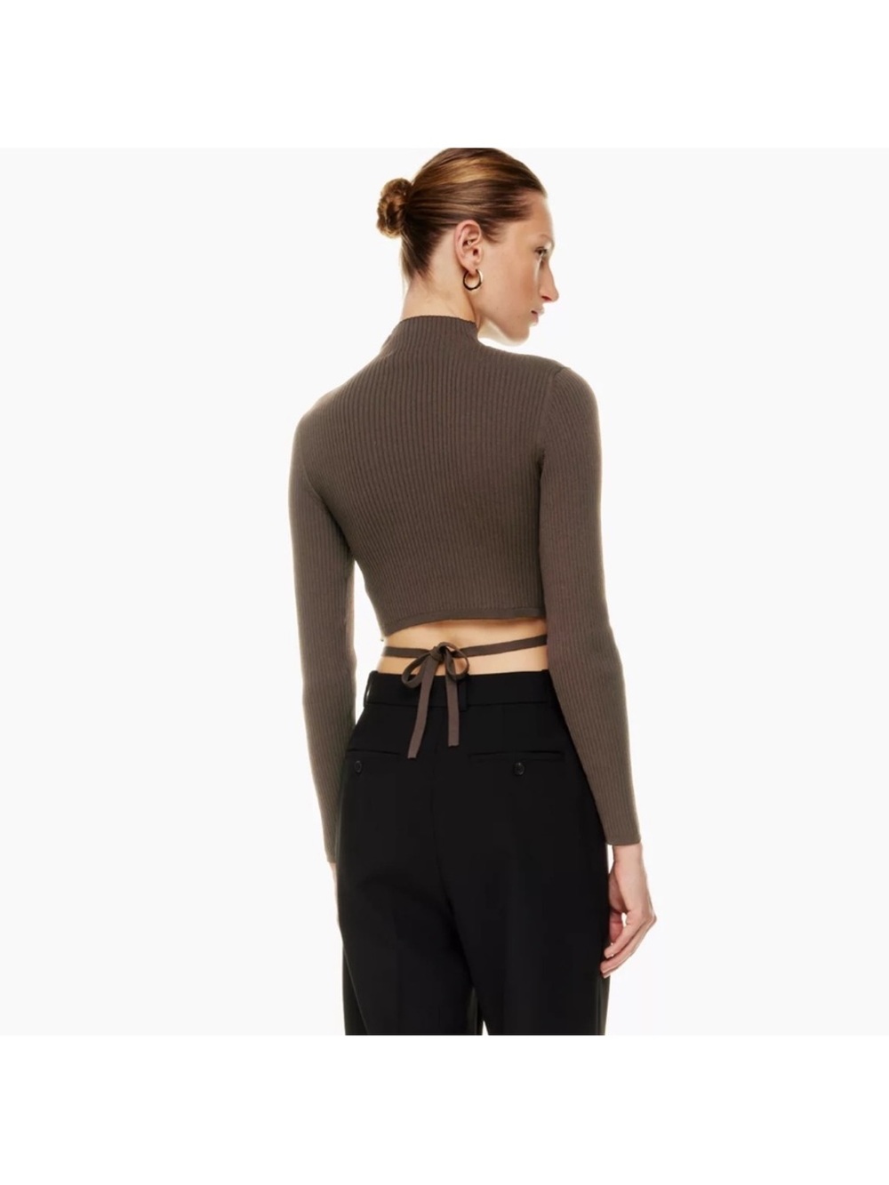 Aritzia Babaton Ribbed Tie-Back Crop Top in Taupe